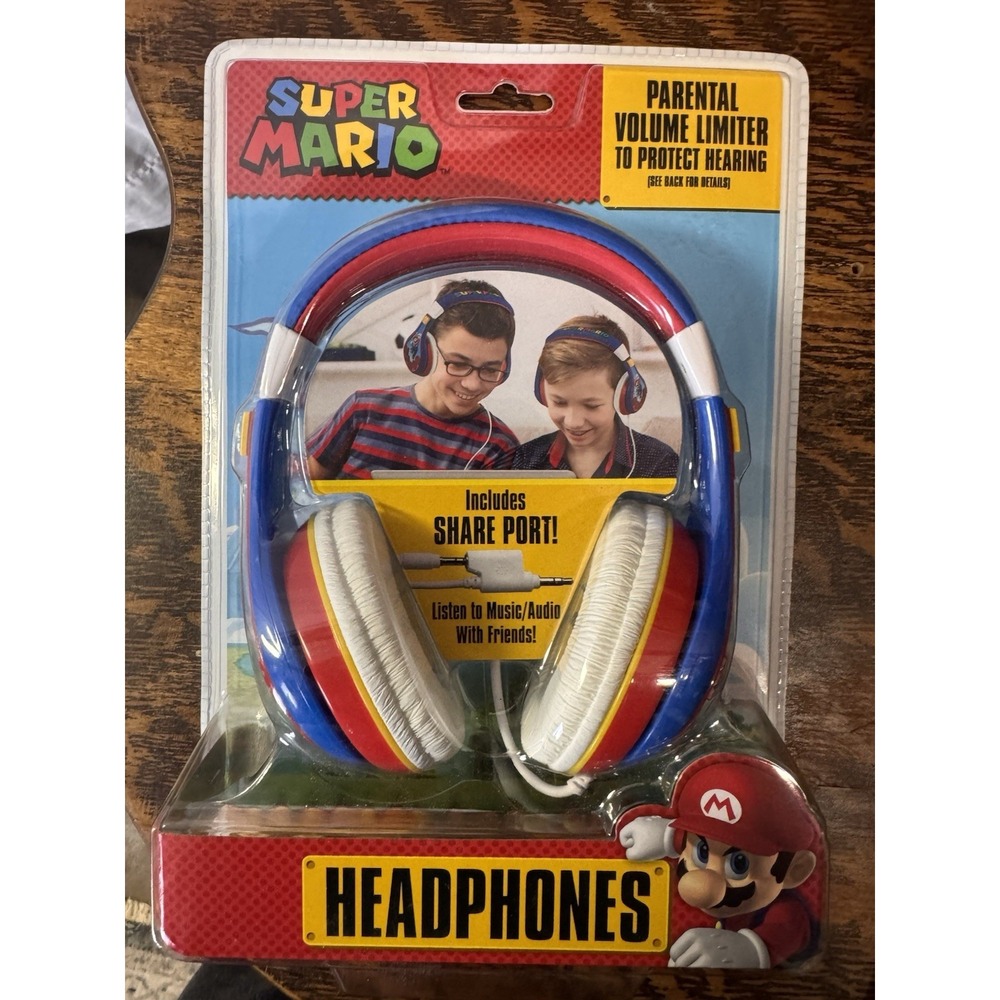 eKids Super Mario Kids Headphones Adjustable Headband 3.5Mm Jack NEW sealed Pkg.